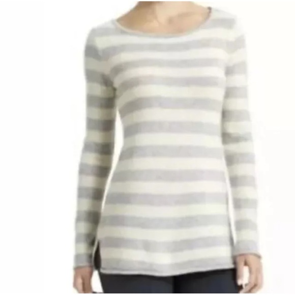 Athleta Backcountry Cashmere Gray Ivory Striped Sweater Crewneck Womens Large - Picture 2 of 16